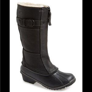 Sorel Fancy Tall Black Leather Waterproof Zip Winter Snow Duck Boots Size 6.5